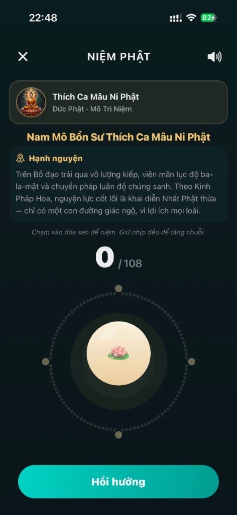 Screenshot app Tĩnh Tâm — màn hình niệm Phật với tràng hạt