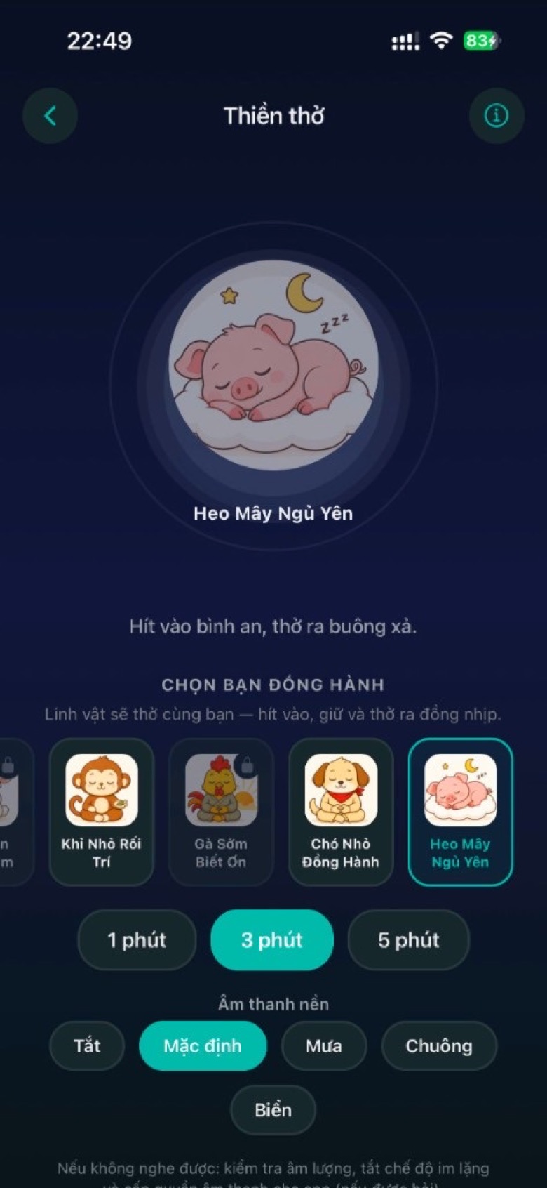 Screenshot app Tĩnh Tâm — màn hình thiền thở với bạn đồng hành